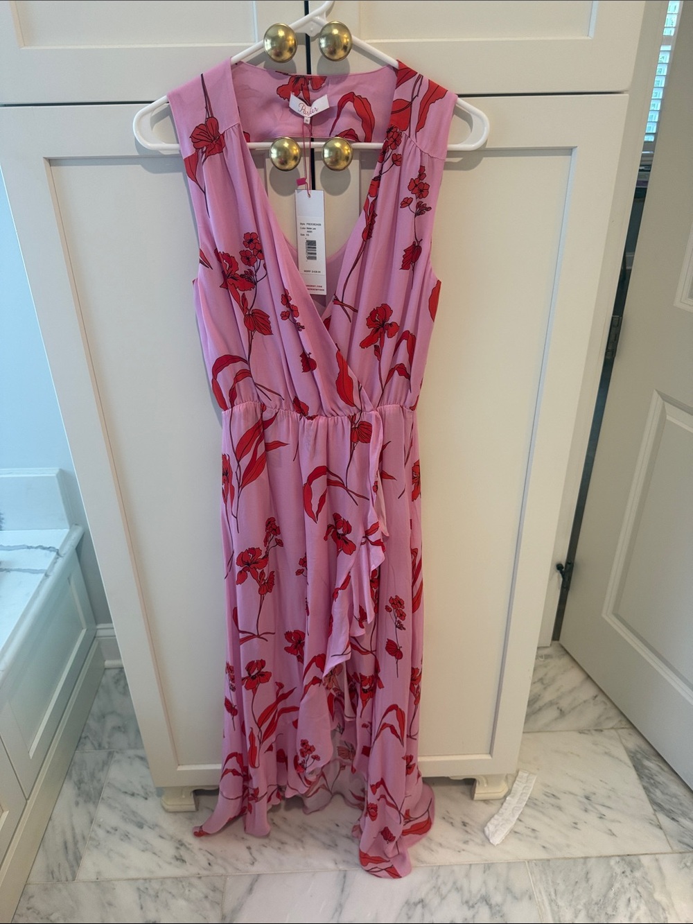 Parker Pink Floral Wrap High-Low Maxi Dress with Red Print